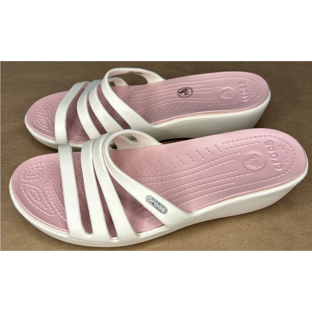 Crocs Sandals Women Strappy Wedge Size 11 Pink White